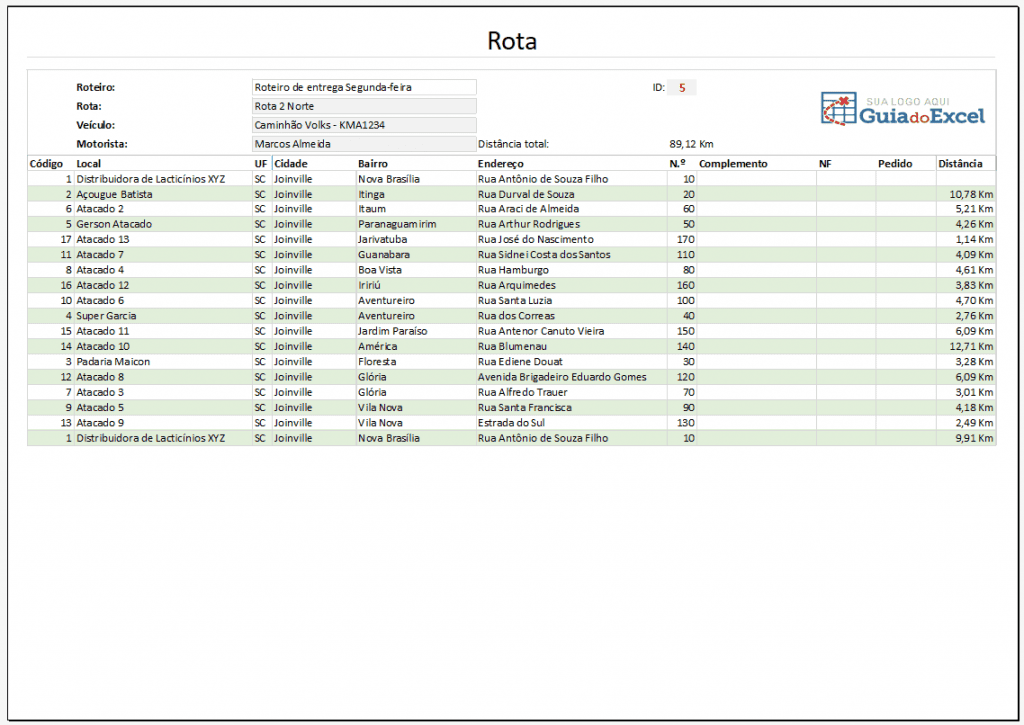 rota de entrega excel 3