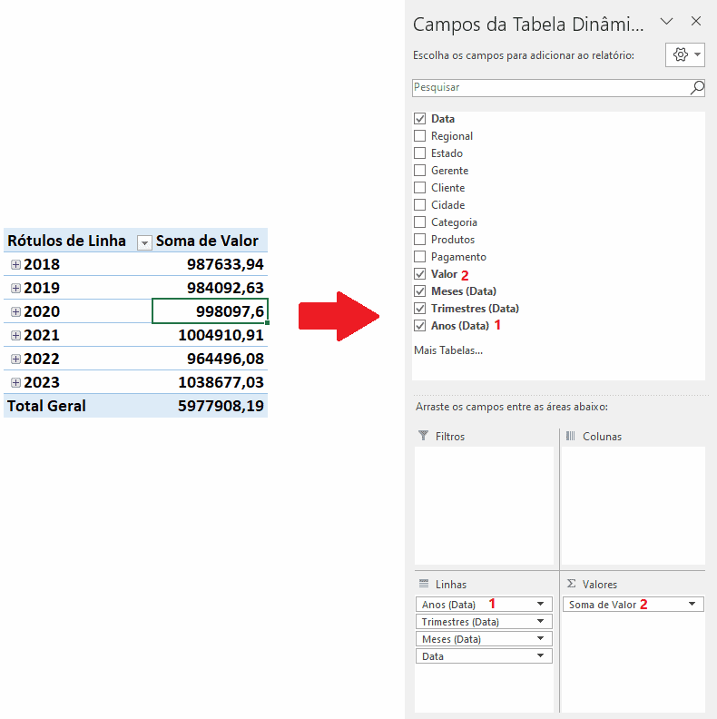 Comparar mês e ano em tabela dinâmica excel 2