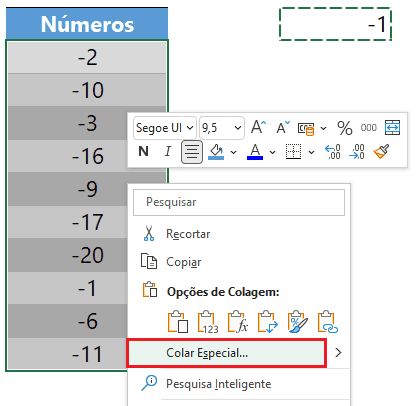 Como exibir os números negativos sem sinal no Excel 10