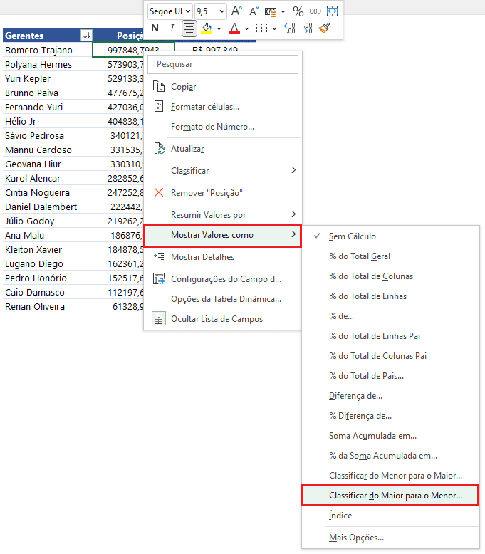 Como fazer um ranking numerado com tabela dinâmica no Excel 10