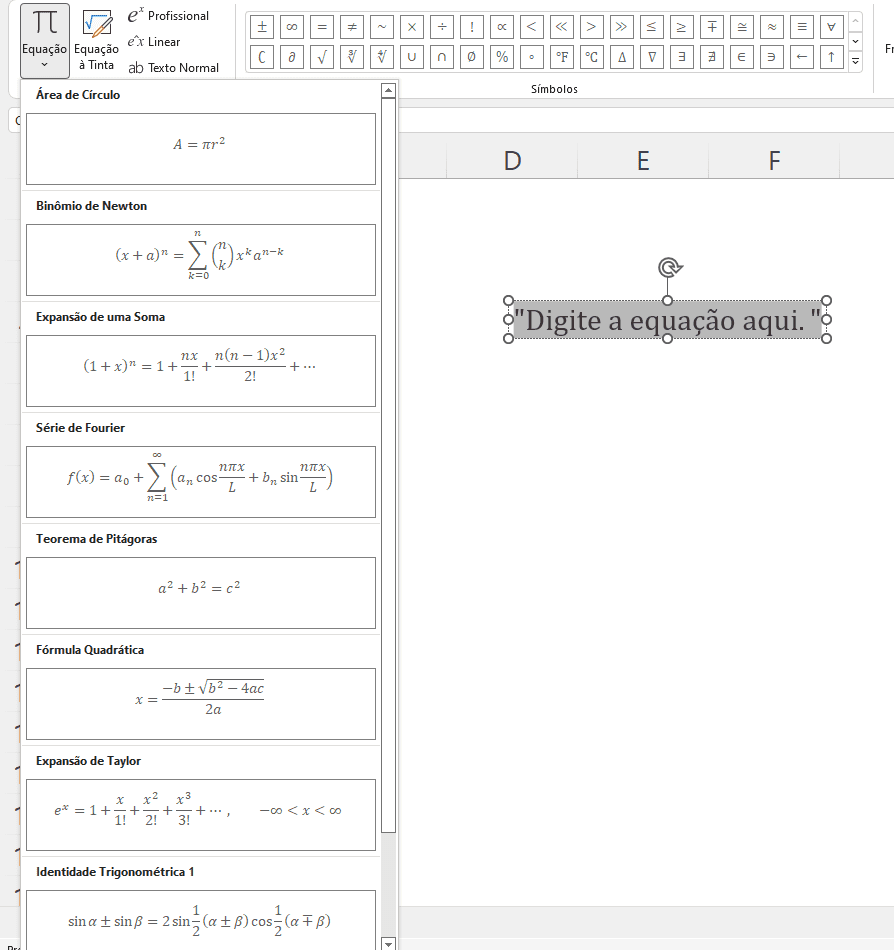 Como inserir equações e símbolos no Excel 4