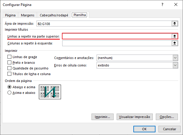 Como repetir cabeçalho em todas as páginas da impressão no Excel 6