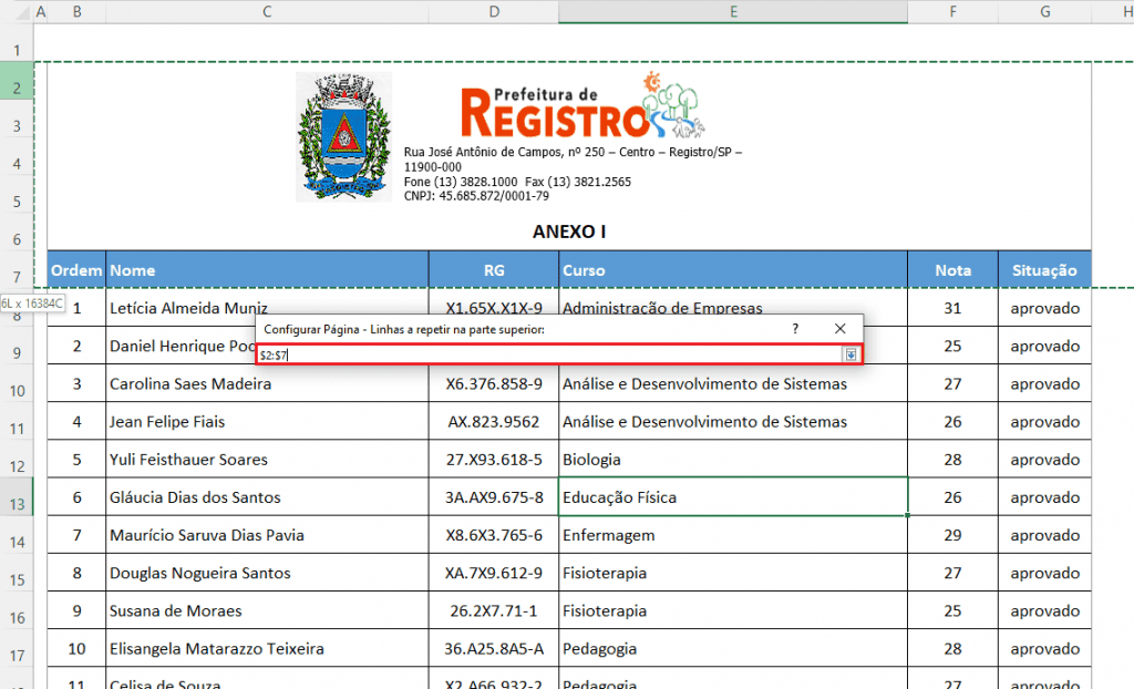 Como repetir cabeçalho em todas as páginas da impressão no Excel 7