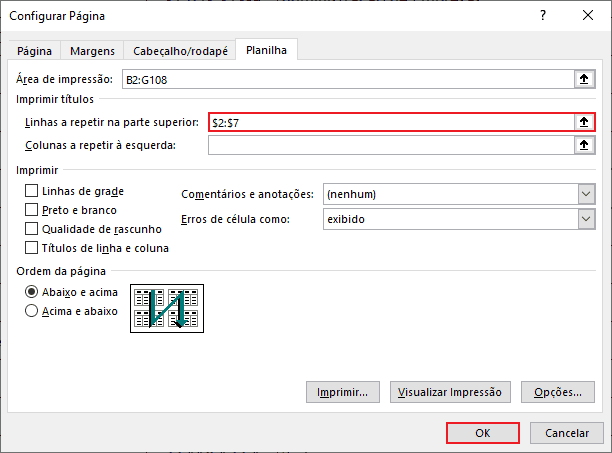 Como repetir cabeçalho em todas as páginas da impressão no Excel 8