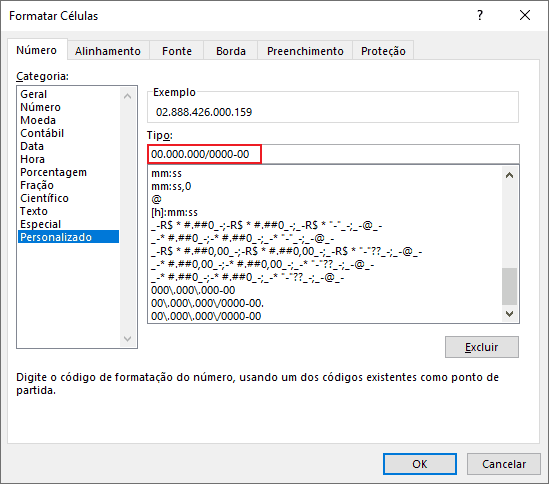 Formatação Personalizada CNPJ e CPF no Excel 11