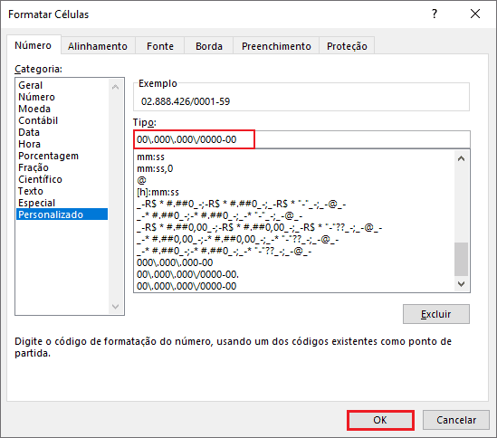 Formatação Personalizada CNPJ e CPF no Excel 12