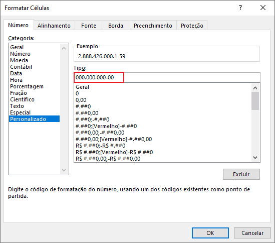 Formatação Personalizada CNPJ e CPF no Excel 7