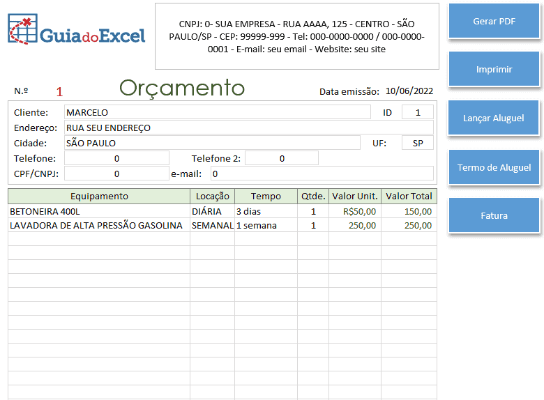 Planilha de Locação de Ferramentas e Equipamentos