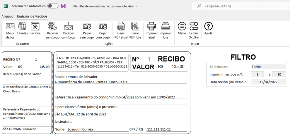 planilha de recibo excel em lote 1