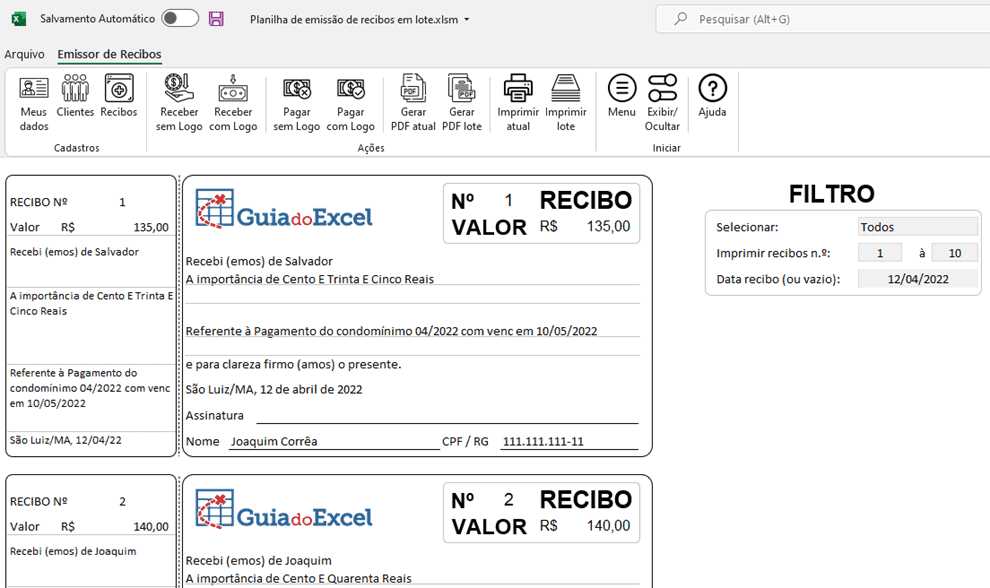 Planilha de recibos em lote excel