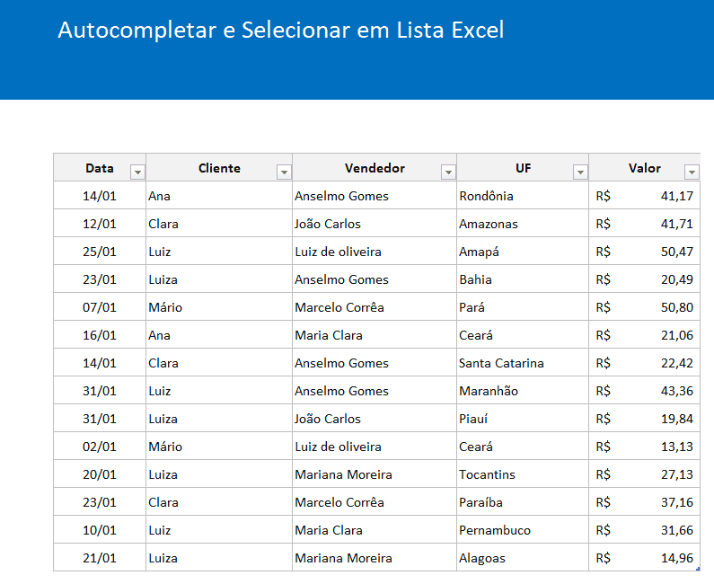 Auto completar e selecionar em lista Excel 1