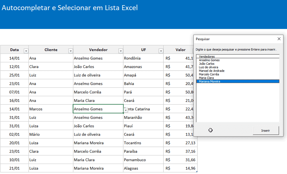 Auto completar e selecionar em lista Excel 3