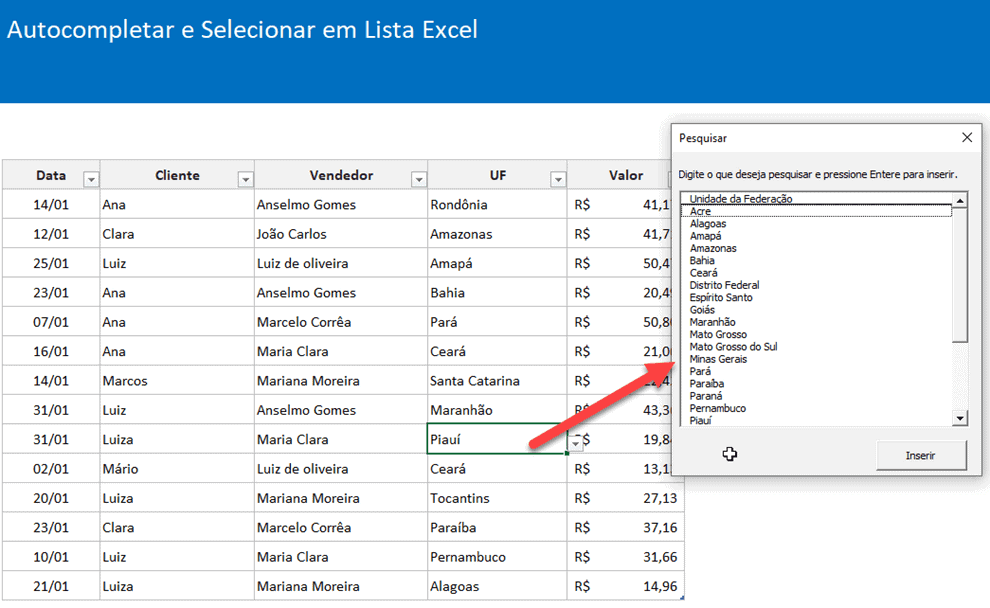 Auto completar e selecionar em lista Excel 4