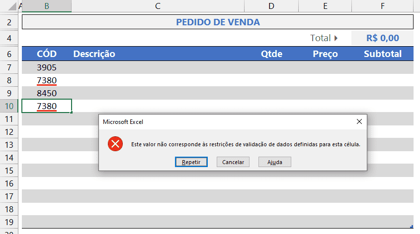 Evitar Digitação de Dados Duplicados no Excel 7