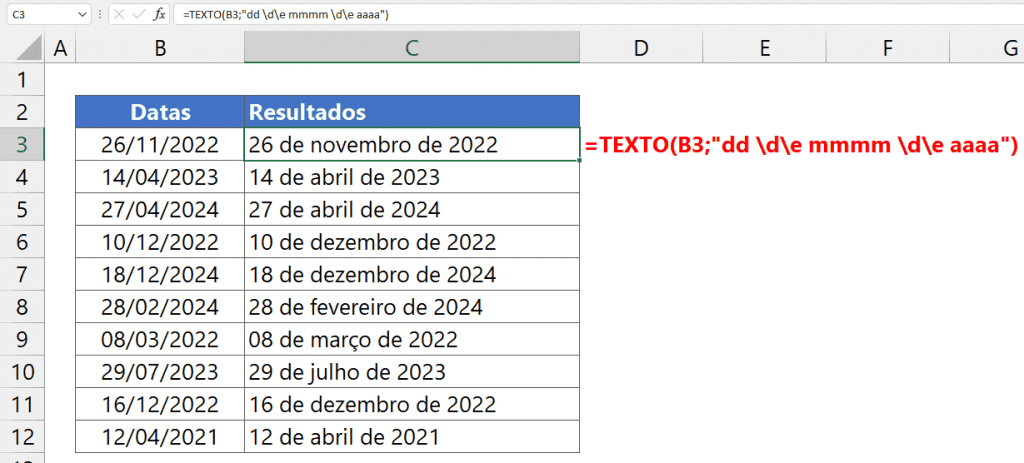 Como Exibir Datas no Excel por Extenso 4