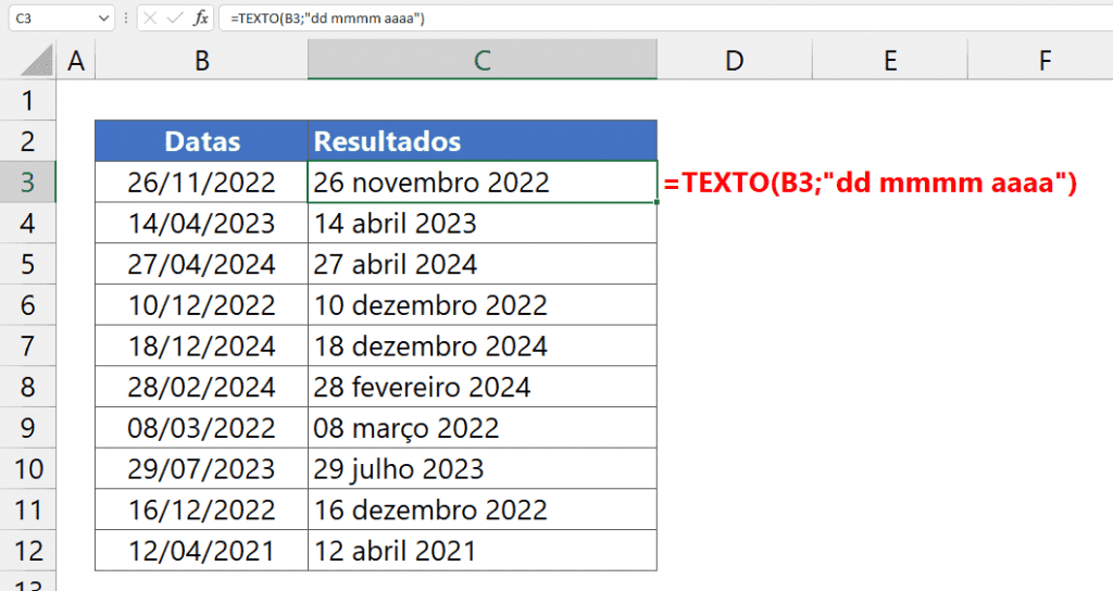 Como Exibir Datas no Excel por Extenso 2