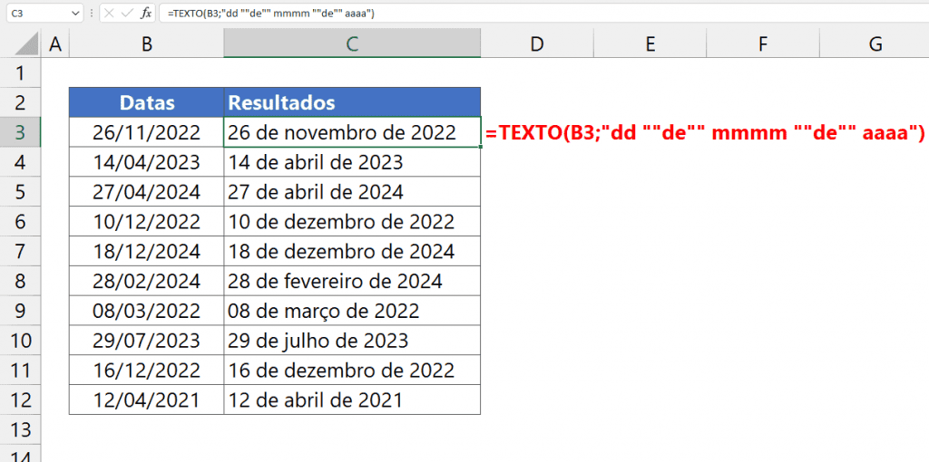 Como Exibir Datas no Excel por Extenso 3