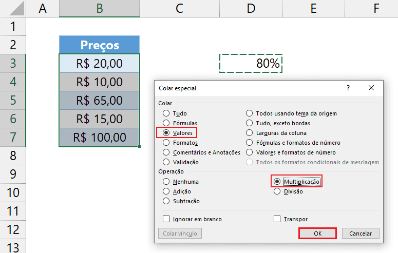 Como fazer colagem especial com operação matemática no Excel 10