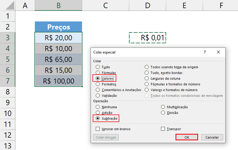 Como fazer colagem especial com operação matemática no Excel 13