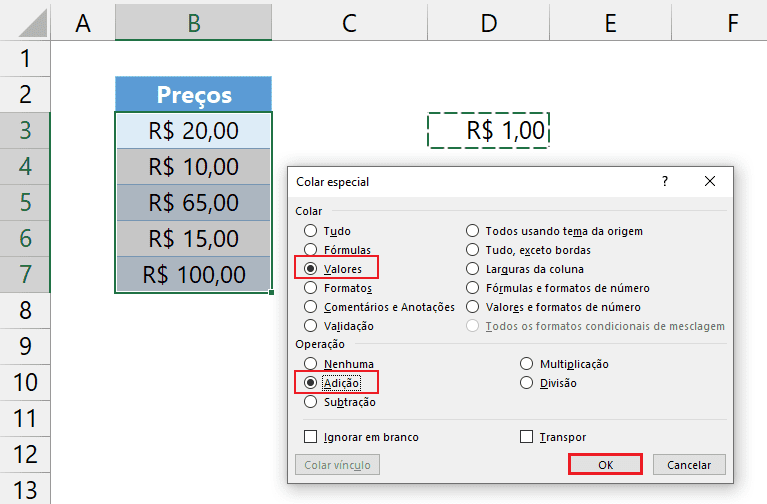 Como fazer colagem especial com operação matemática no Excel 16