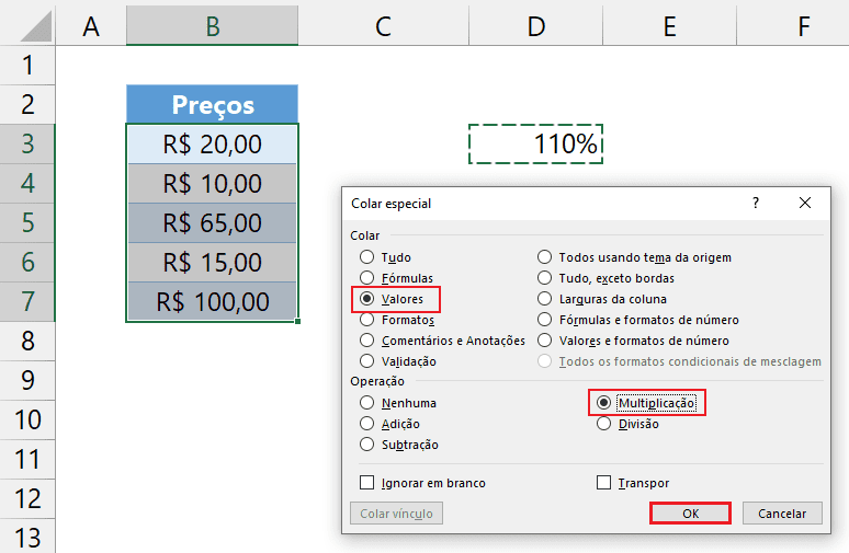 Como fazer colagem especial com operação matemática no Excel 7