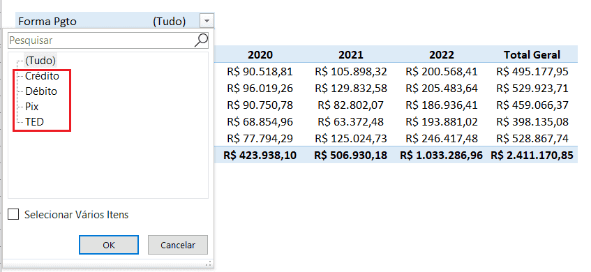 Mostrar Páginas do Filtro de Relatório da Tabela Dinâmica 2