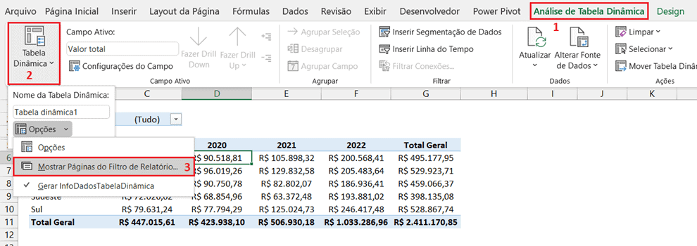 Mostrar Páginas do Filtro de Relatório da Tabela Dinâmica 4