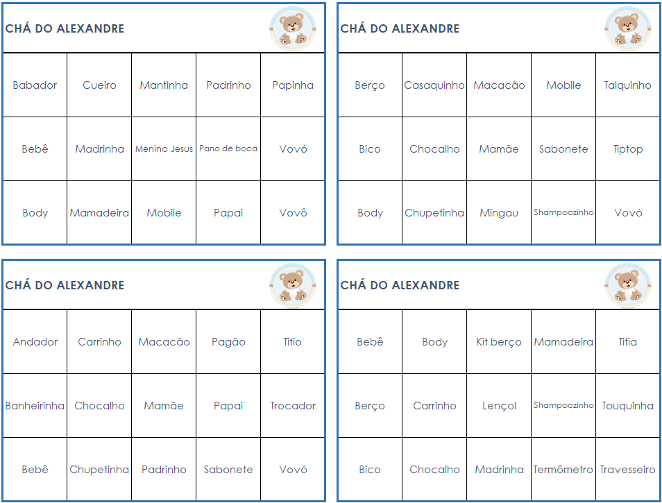 Planilha de bingo de chá de bebê Excel 4