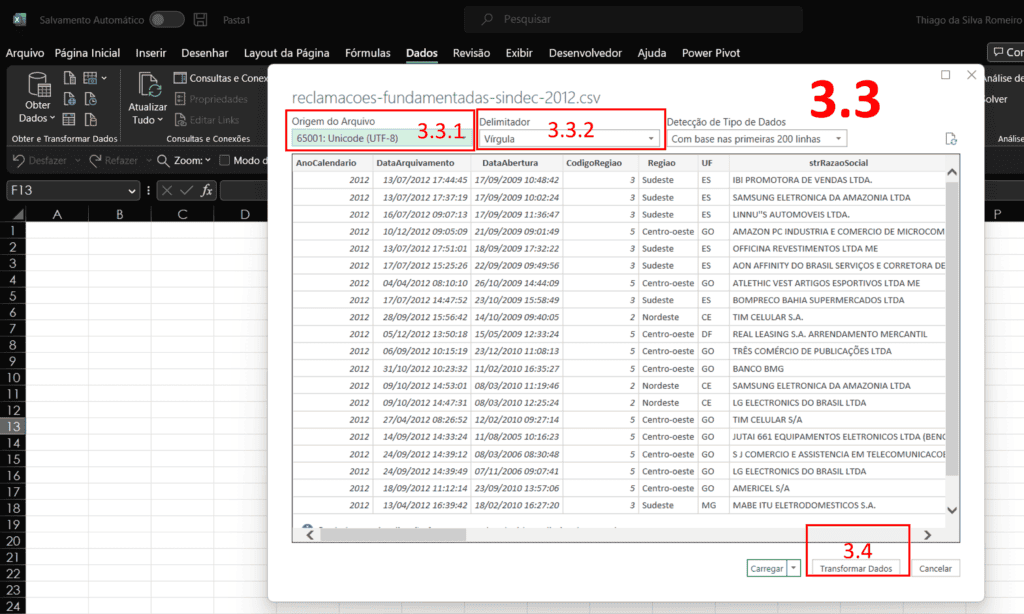 Como importar csv no Excel 4