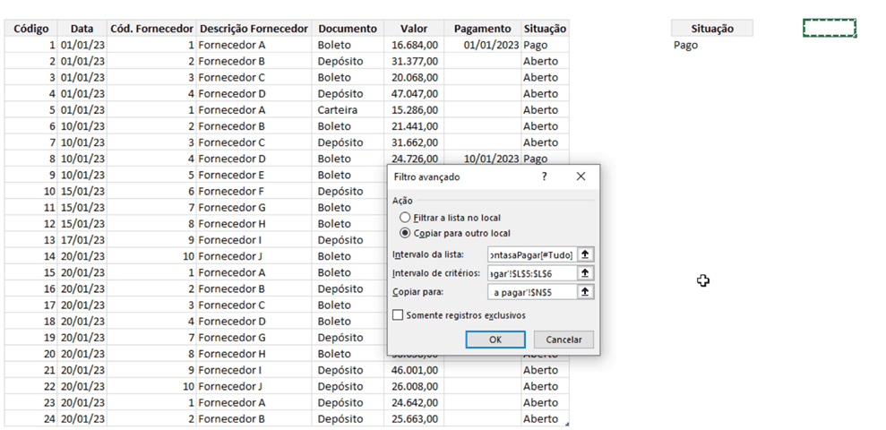 filtro avançado excel 2