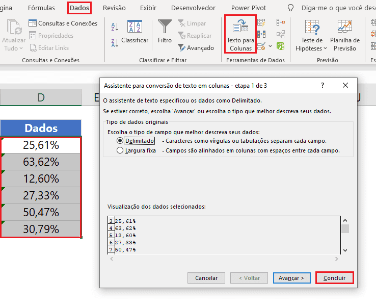 texto para colunas excel 16