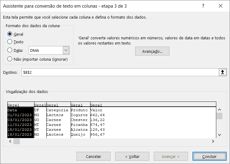 texto para colunas excel 3