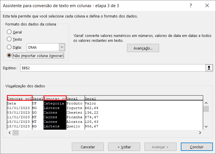 texto para colunas excel 6