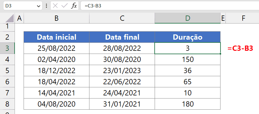 diferença de dias excel 2