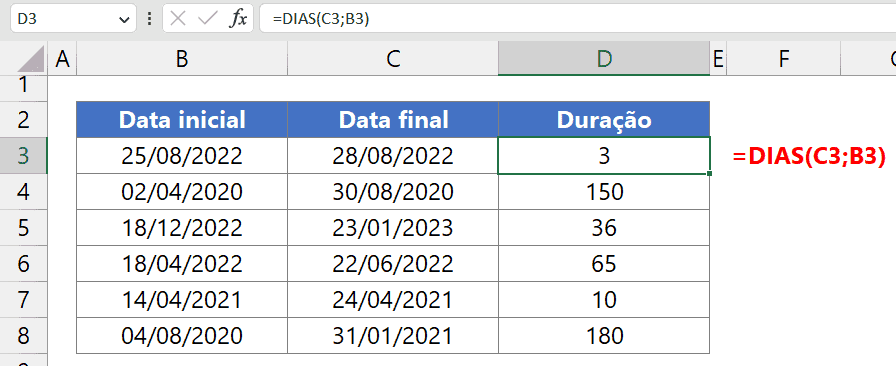 diferença de dias excel 3