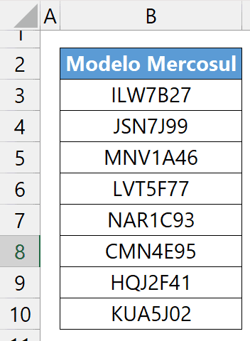 Placas Mercosul Excel 6