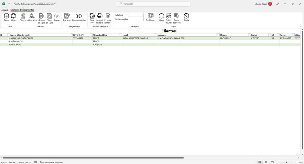 Planilha de Processos Judiciais Excel 2