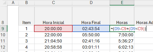 hora adicional noturna  no Excel 3