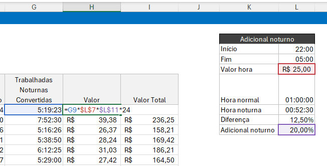 hora adicional noturna  no Excel 6