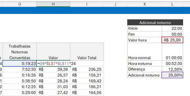hora adicional noturna no Excel 6