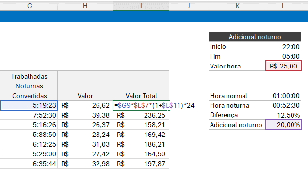 hora adicional noturna no Excel 7