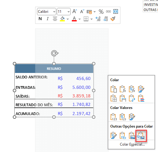 Tabela Flutuante no Excel 3