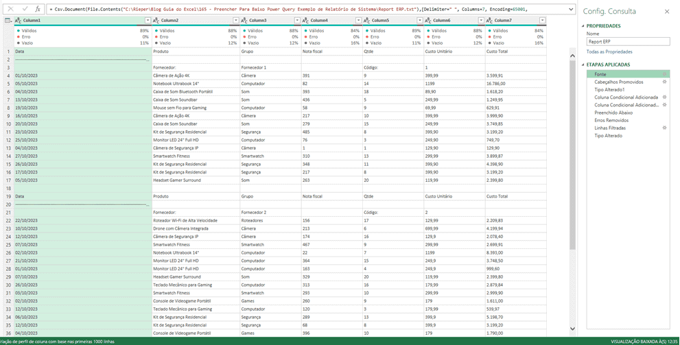 Linha em Coluna Power Query Excel 2