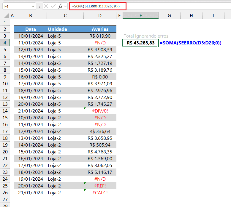somar ignorando erros excel 5