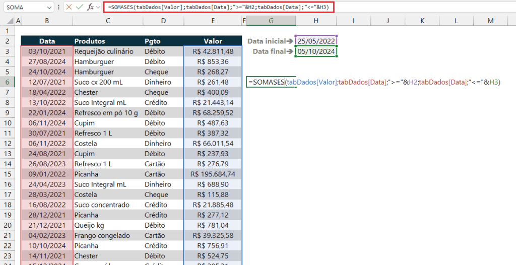 Soma com Filtro de Datas no Excel 4