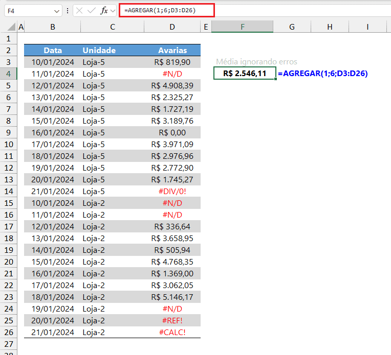 média ignorando erros excel 3