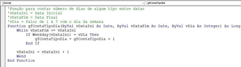 função vba para contar dias da semana no Excel