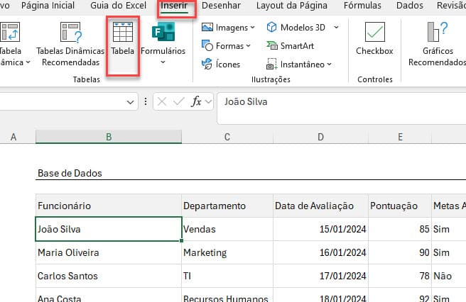 tabela de dados Excel
