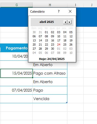 Calendário nas Células do Excel 1