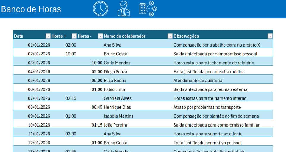 Planilha de Banco de Horas Excel Gratuita